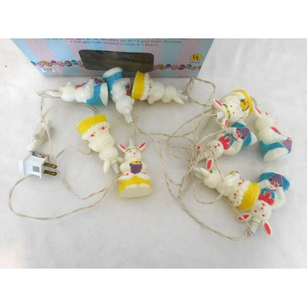 Easter Set of 10 Pastel Multi-Color‎ Rabbits Spring Lights  White Wire Vintage